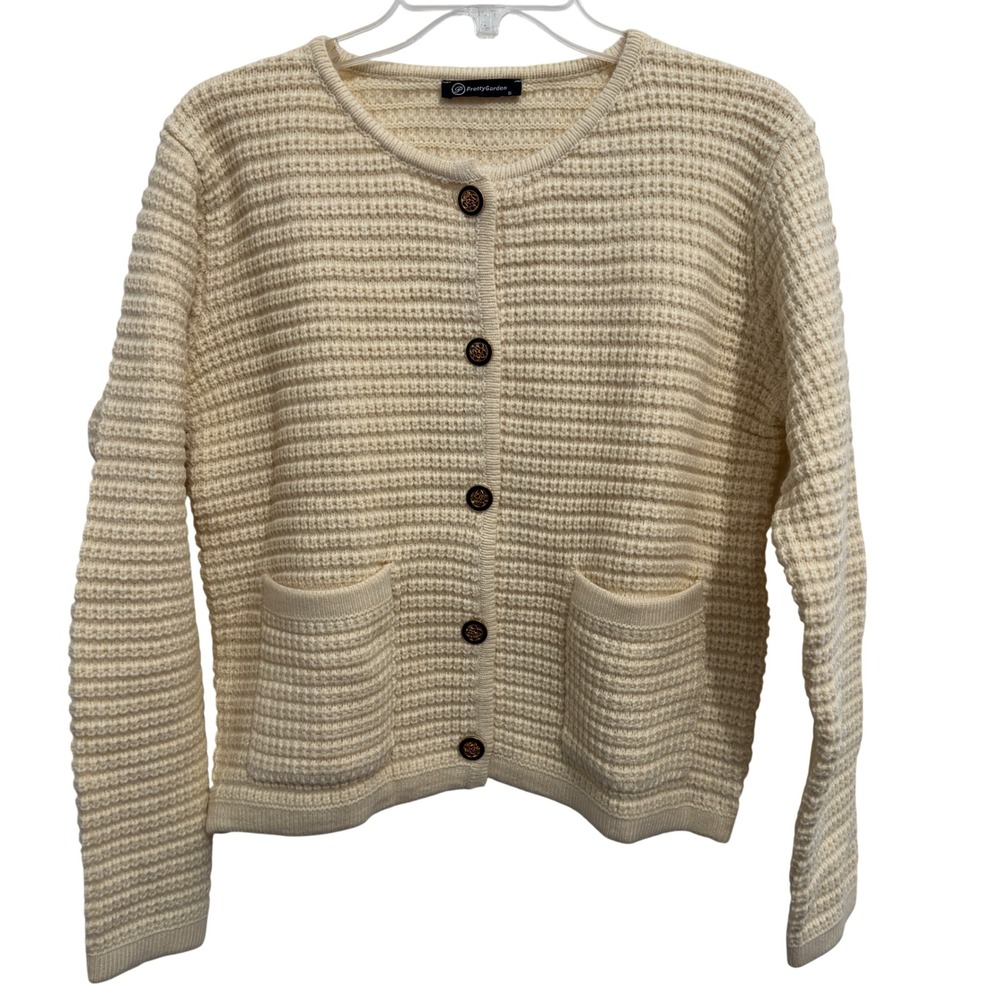 PrettyGarden Waffle Cardigan Cream Lady Jacket Gold Crest Buttons Old Money S